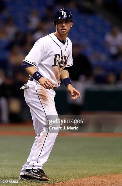 Infielder Ben Zobrist of the Tampa Bay Rays leads off third base against the Toronto Blue Jays during the game at Tropicana Field on April 23, 2010...