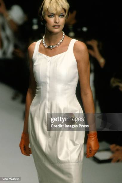 Linda Evangelista models at New York Fashion Week circa 1995 in New York.