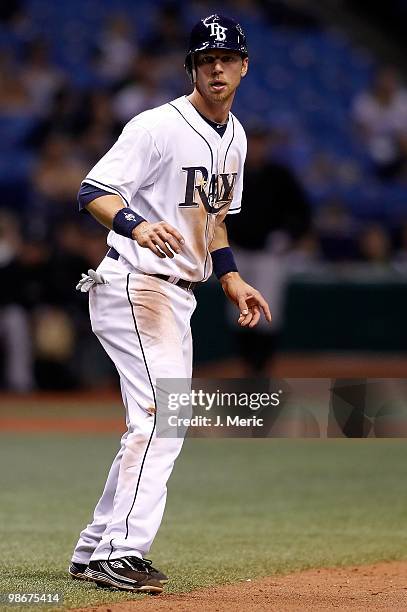 Infielder Ben Zobrist of the Tampa Bay Rays leads off third base against the Toronto Blue Jays during the game at Tropicana Field on April 23, 2010...