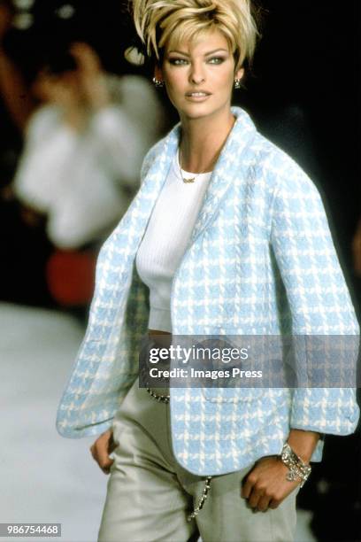 Linda Evangelista models Chanel at Paris Fashion Week circa 1996 in Paris.