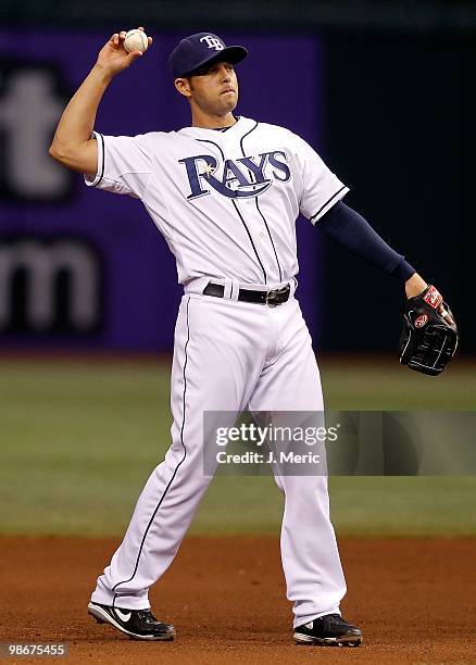 Shortstop Jason Bartlett of the Tampa Bay Rays throws over to first against the Toronto Blue Jays during the game at Tropicana Field on April 23,...