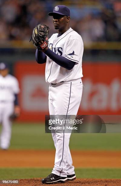 Pitcher Rafael Soriano of the Tampa Bay Rays pitches against the Toronto Blue Jays during the game at Tropicana Field on April 23, 2010 in St....