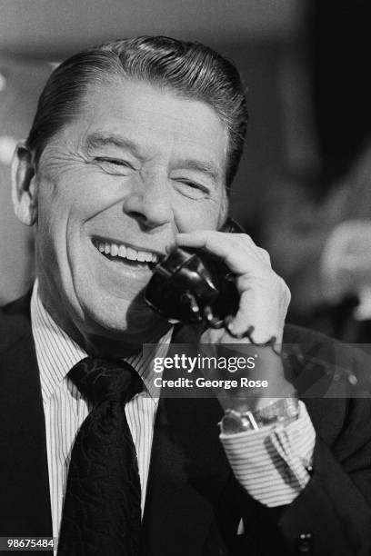 Presidential candidate Ronald Reagan grins while speaking on the phone in this 1976 Los Angeles, California, photo leading up to the Republican...