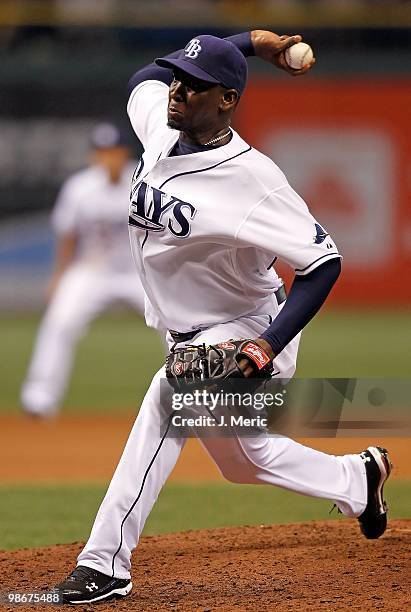 Pitcher Rafael Soriano of the Tampa Bay Rays pitches against the Toronto Blue Jays during the game at Tropicana Field on April 23, 2010 in St....