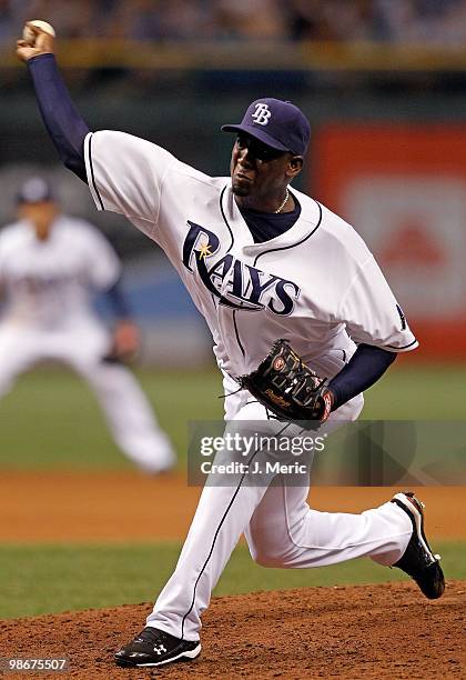 Pitcher Rafael Soriano of the Tampa Bay Rays pitches against the Toronto Blue Jays during the game at Tropicana Field on April 23, 2010 in St....