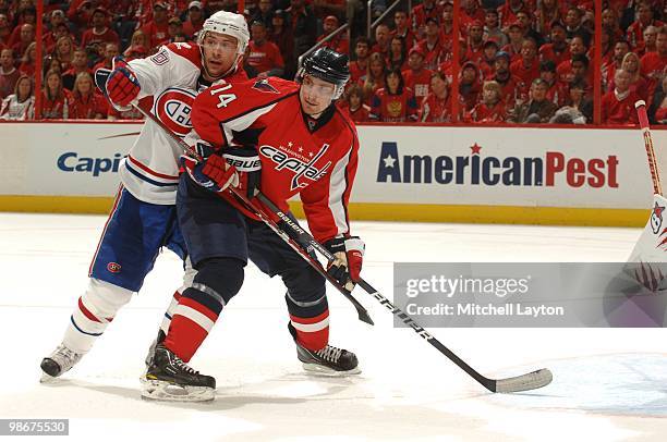Tomas Fleischmann of the Washington Capitals looks for a pass during a game against the Montreal Canadiens during Game Two of the Eastern Conference...