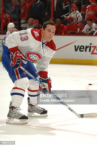 Sergei Kostitsyn of the Montreal Canadiens looks on before a game against the Washington Capitals during Game Two of the Eastern Conference...