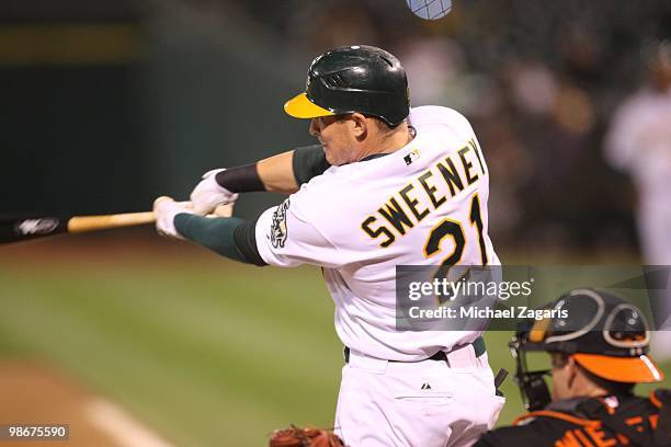 Ryan Sweeney of the Oakland Athletics hitting during the game against the Baltimore Orioles at the Oakland Coliseum in Oakland, California on April...