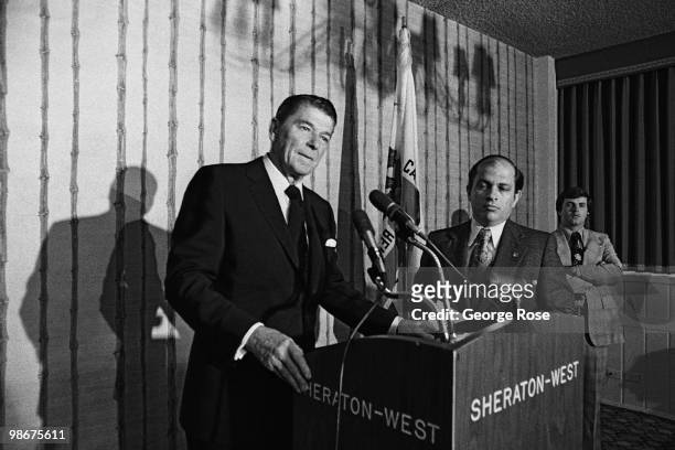 Presidential candidate Ronald Reagan answers reporters questions after a speech as seen in this 1976 Los Angeles, California, photo leading up to the...