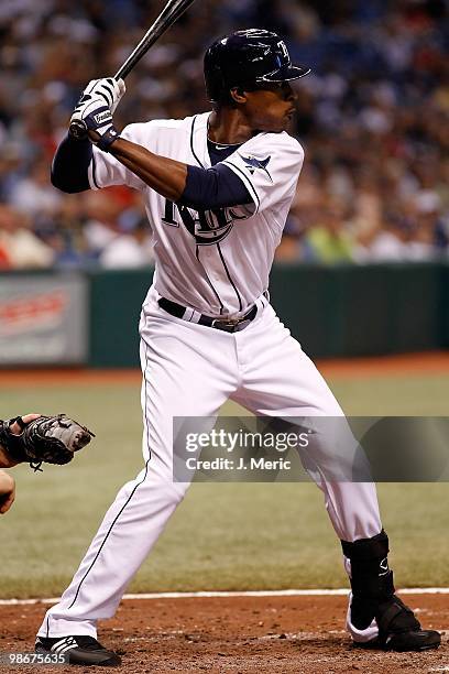 Outfielder B.J. Upton of the Tampa Bay Rays bats against the Toronto Blue Jays during the game at Tropicana Field on April 23, 2010 in St....