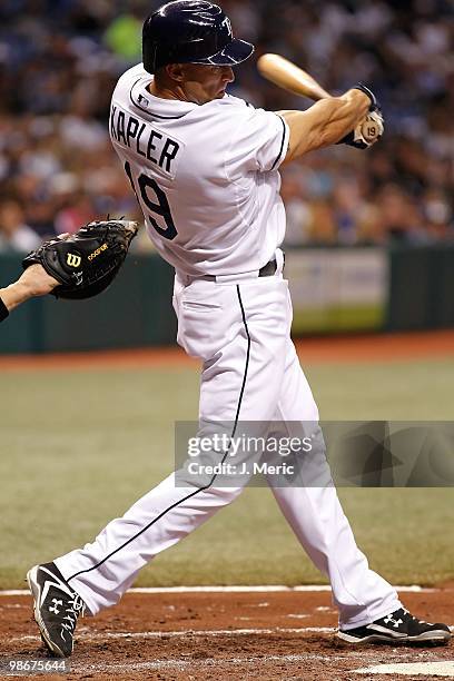 Outfielder Gabe Kapler of the Tampa Bay Rays bats against the Toronto Blue Jays during the game at Tropicana Field on April 23, 2010 in St....