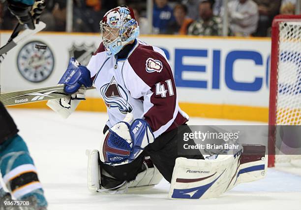 Goalie Craig Anderson of the Colorado Avalanche blocks a shot by the San Jose Sharks in Game Five of their Western Conference Quaterfinals during the...