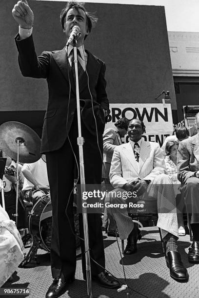 Governor of California, Edmund "Jerry" Brown," gives a speech in front of Canter's Delicatessen on Fairfax Blvd in this 1976 Los Angeles, California,...