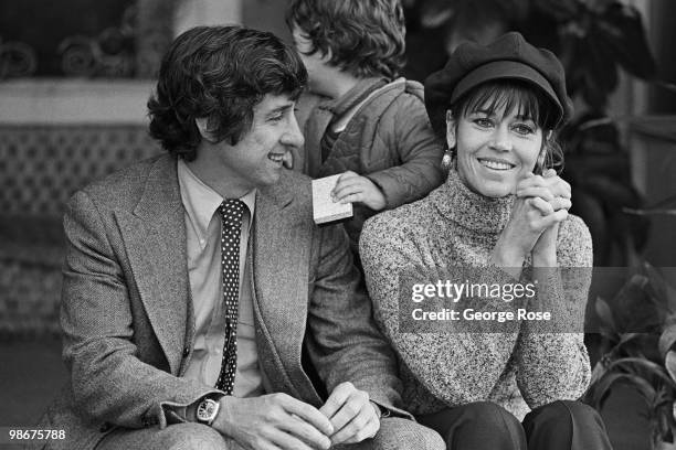 Academy Award-winning actress Jane Fonda sits on the veranda of her home with her husband, Tom Hayden, in this 1975 Santa Monica, California, photo...