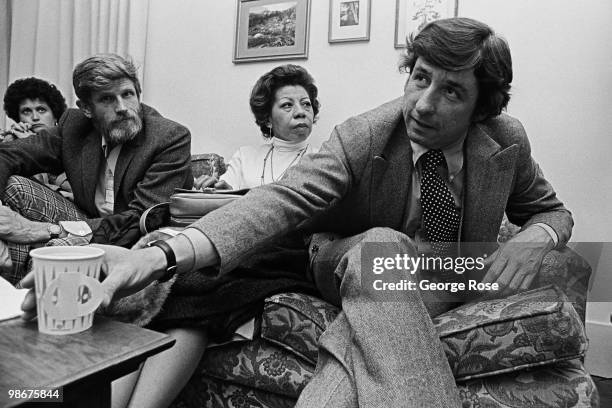 Former "Chicago Seven" defendant, social activist and California State Legislator, Tom Hayden, takes part in a meeting during a 1976 Santa Monica,...