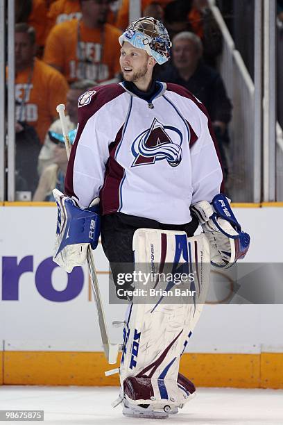 Goalie Craig Anderson of the Colorado Avalanche looks on against the San Jose Sharks in Game Five of their Western Conference Quaterfinals during the...