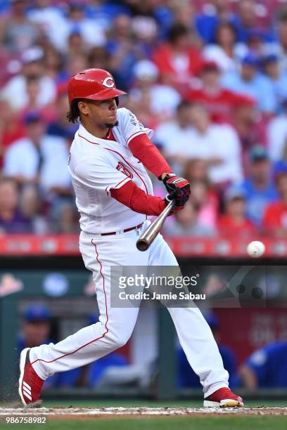 Luis Castillo of the Cincinnati Reds bats against the Chicago Cubs at Great American Ball Park on June 22, 2018 in Cincinnati, Ohio.