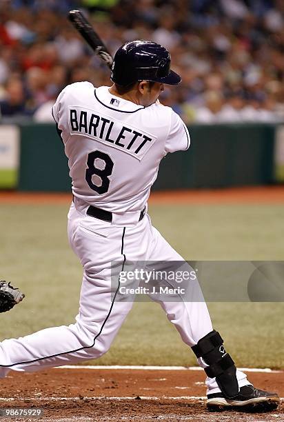 Infielder Jason Bartlett of the Tampa Bay Rays bats against the Toronto Blue Jays during the game at Tropicana Field on April 23, 2010 in St....