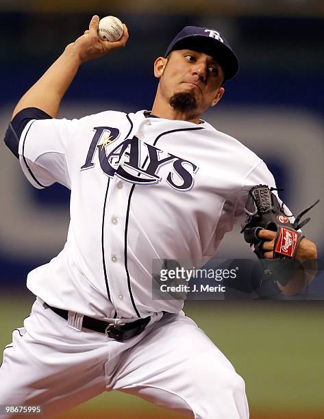 Pitcher Matt Garza of the Tampa Bay Rays pitches against the Toronto Blue Jays during the game at Tropicana Field on April 23, 2010 in St....