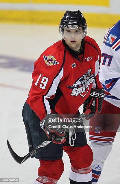 Zack Kassian of the Windsor Spitfires skates in the 5th game of the Western Conference Final against the Kitchener Rangers on April 22, 2010 at the...
