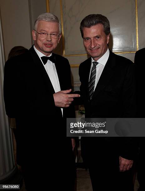 Hesse governor Roland Koch and Baden-Wuerttemberg governor Guenther Oettinger attend the Roland Berger Award for Human Dignity 2010 at the...
