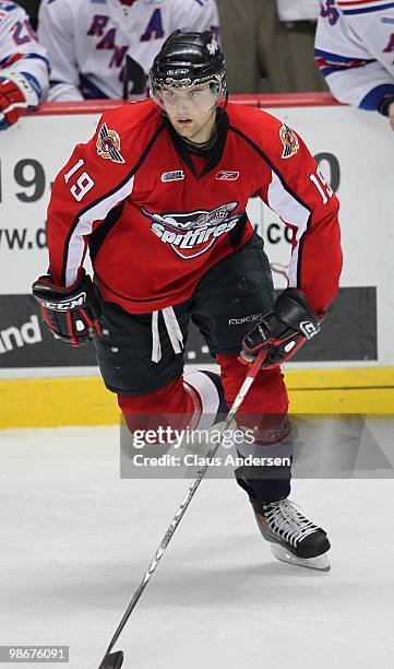 Zack Kassian of the Windsor Spitfires skates in the 5th game of the Western Conference Final against the Kitchener Rangers on April 22, 2010 at the...