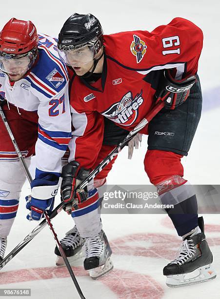 Zack Kassian of the Windsor Spitfires waits for a faceoff in the 5th game of the Western Conference Final against the Kitchener Rangers on April 22,...