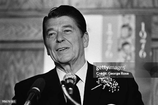 Presidential candidate Ronald Reagan gives a speech to supporters as seen in this 1976 Los Angeles, California, photo leading up to the Republican...