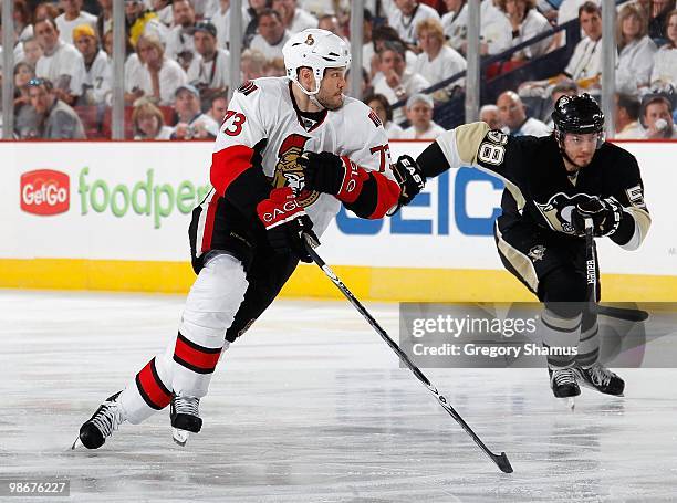 Jarkko Ruutu of the of the Ottawa Senators skates against the Pittsburgh Penguins in Game Five of the Eastern Conference Quaterfinals during the 2010...