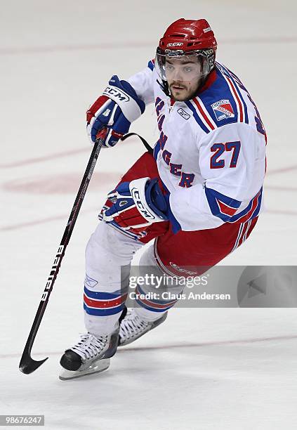 Chris MacKinnon of the Kitchener Rangers skates in the 5th game of the Western Conference Final against the Windsor Spitfires on April 22, 2010 at...