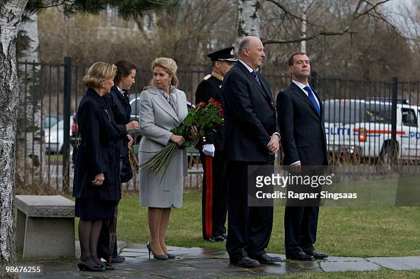 King Harald V and Queen Sonja of Norway, Russian President Dmitry Medvedev and his wife Svetlana Medvedeva visit the Soviet memorial at the Western...