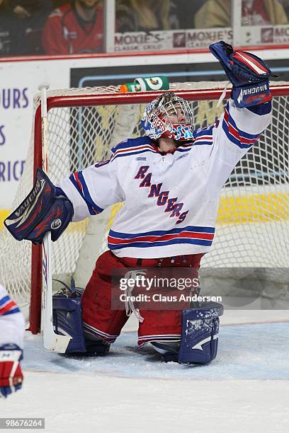 Brandon Maxwell of the Kitchener Rangers makes a glove save in the 5th game of the Western Conference Final against the Windsor Spitfires on April...