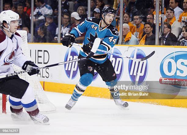 Marc-Edouard Vlasic of the San Jose Sharks plays against the Colorado Avalanche in Game Five of their Western Conference Quaterfinals during the 2010...