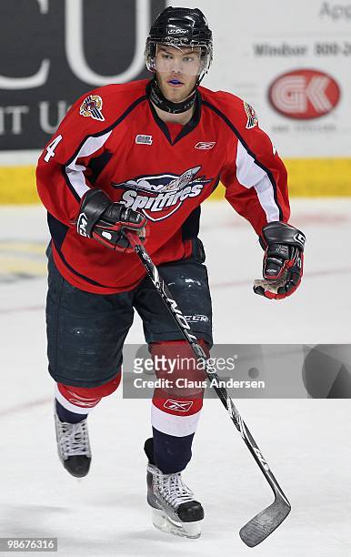 Taylor Hall of the Windsor Spitfires skates in the 5th game of the Western Conference Final against the Kitchener Rangers on April 22, 2010 at the...