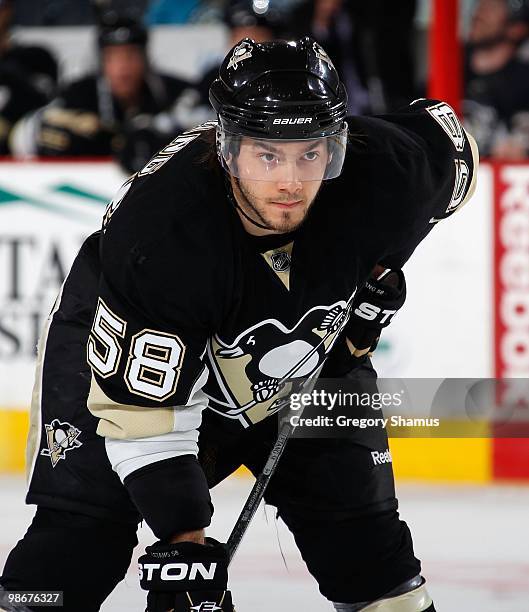 Kris Letang of the Pittsburgh Penguins skates against the Ottawa Senators in Game Five of the Eastern Conference Quaterfinals during the 2010 NHL...