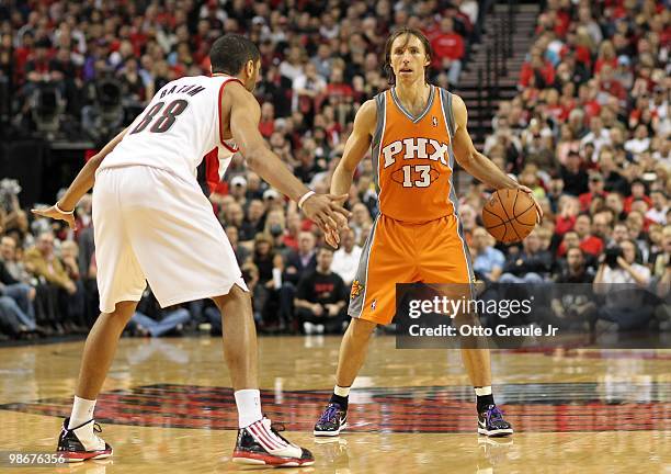 Steve Nash of the Phoenix Suns drives against Nicolas Batum of the Portland Trail Blazers during Game Four of the Western Conference Quarterfinals of...