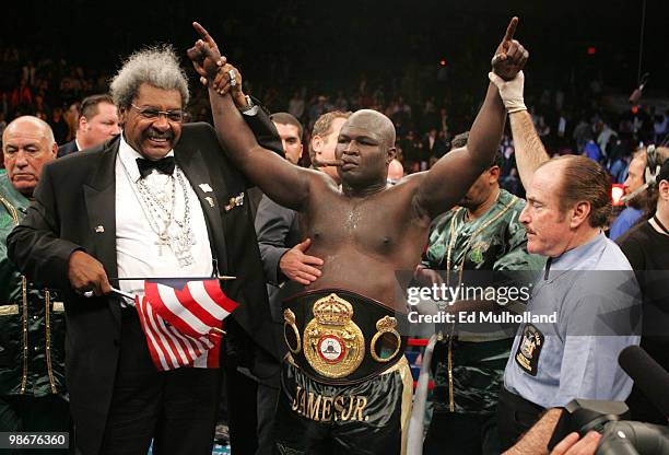 James "Lights Out" Toney celebrates winning the WBA Heavyweight Championship from former champ John Ruiz at Madison Square Garden. Toney won the...