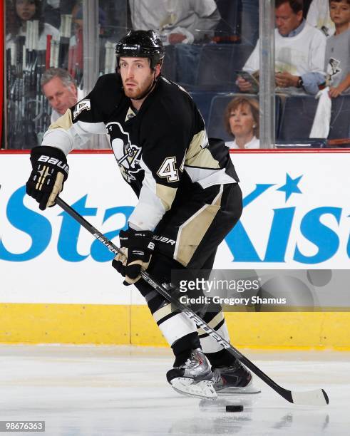 Brooks Orpik of the Pittsburgh Penguins looks to pass against the Ottawa Senators in Game Five of the Eastern Conference Quaterfinals during the 2010...
