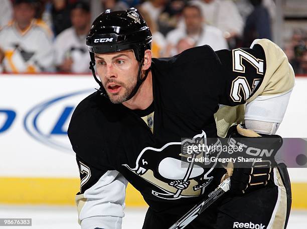 Craig Adams of the Pittsburgh Penguins skates against the Ottawa Senators in Game Five of the Eastern Conference Quaterfinals during the 2010 NHL...