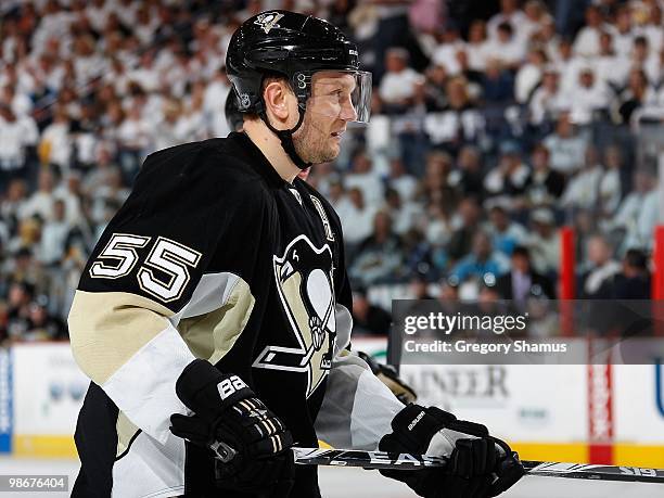 Sergei Gonchar of the Pittsburgh Penguins skates against the Ottawa Senators in Game Five of the Eastern Conference Quaterfinals during the 2010 NHL...