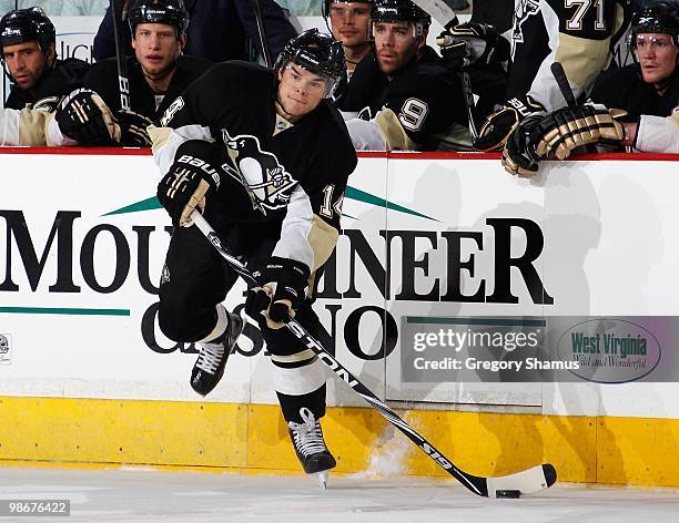 Chris Kunitz of the Pittsburgh Penguins makes a pass against the Ottawa Senators in Game Five of the Eastern Conference Quaterfinals during the 2010...