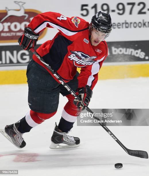 Taylor Hall of the Windsor Spitfires skates with the puck in the 5th game of the Western Conference Final against the Kitchener Rangers on April 22,...