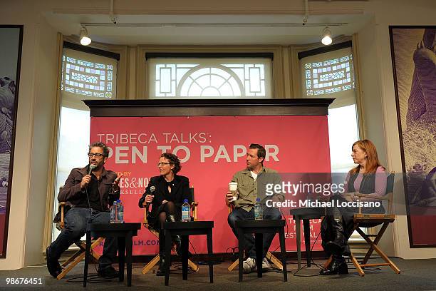 Writer David Baddiel, writer/director Carmel Winters, writer/director Edward Burns and journalist Susan Orlean attend the Panel & Tribeca Talks: "Pen...