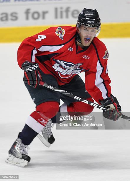 Taylor Hall of the Windsor Spitfires skates in the 5th game of the Western Conference Final against the Kitchener Rangers on April 22, 2010 at the...