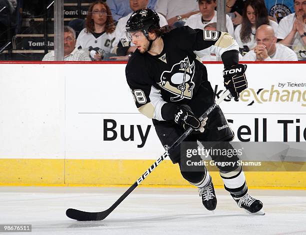 Kris Letang of the Pittsburgh Penguins moves the puck against the Ottawa Senators in Game Five of the Eastern Conference Quaterfinals during the 2010...