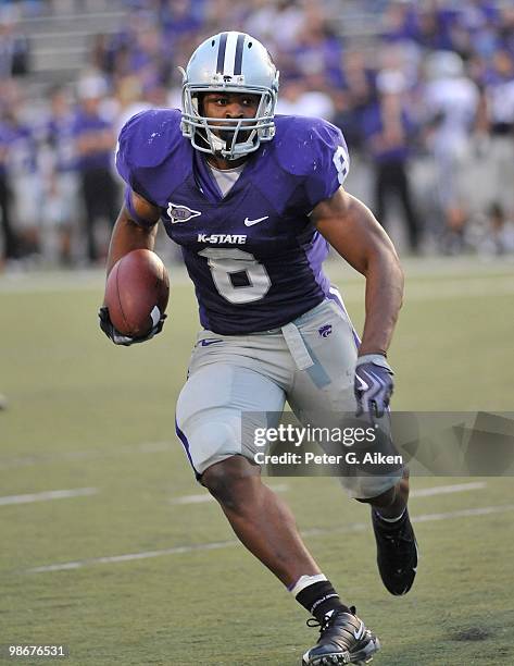 Running back Daniel Thomas of the Kansas State Wildcats rushed for 118-yards on 16 carries during the Wildcats spring game on April 24, 2010 at Bill...