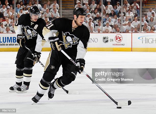 Jordan Staal of the Pittsburgh Penguins moves the puck up ice against the Ottawa Senators in Game Five of the Eastern Conference Quaterfinals during...