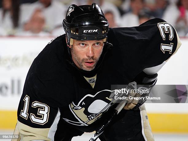 Bill Guerin of the Pittsburgh Penguins skates against the Ottawa Senators in Game Five of the Eastern Conference Quaterfinals during the 2010 NHL...