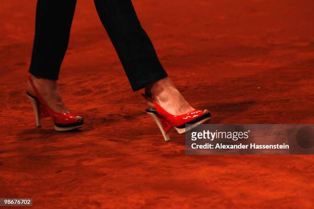 The shoes of Jelena Jankovic of Serbia are pictured during the Player presentation at day one of the WTA Porsche Tennis Grand Prix Tournament at the...