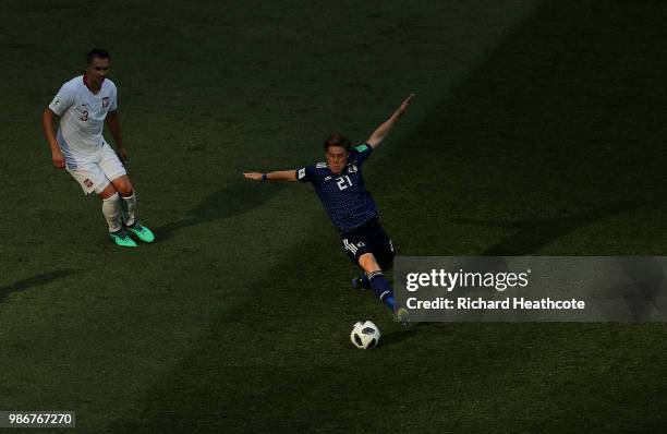 Gotoku Sakai of Japan controls the ball during the 2018 FIFA World Cup Russia group H match between Japan and Poland at Volgograd Arena on June 28,...